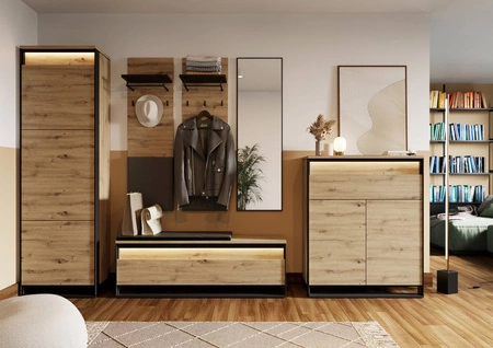 Szafka na buty Quant 135 cm dąb artisan / czarny tapicerowane siedzisko funkcjonalny dodatek do przedpokoju szafka z oświetleniem LED