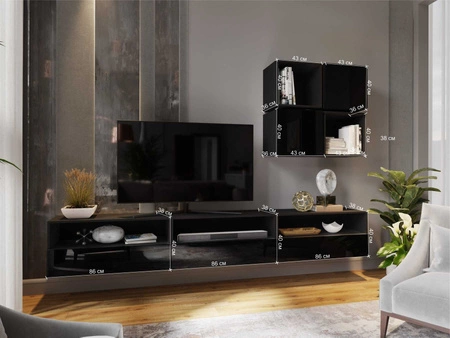 Meblościanka Dion czarna / czarny połysk uniwersalna i stylowa meblościanka do salonu system otwierania drzwi i szuflad push to open