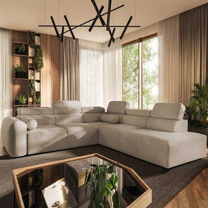 Narożnik z funkcją spania Cantare IX beżowy prawostronny komfortowy narożnik rozkładany nowoczesny design pluszowa tkanina