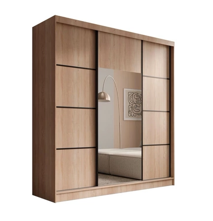 Szafa przesuwna z lustrem Keri 200 cm dąb sonoma jasny funkcjonalna szafa z dekoracyjnymi czarnymi listwami wewnętrzne szuflady