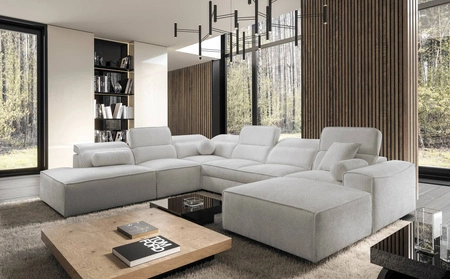 Narożnik z funkcją spania Viano X szary popiel prawostronny designerski narożnik do salonu w nowoczesnym stylu regulowane zagłówki