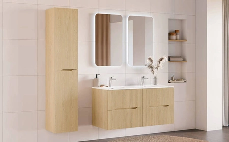 Słupek łazienkowy wiszący Nordic Cremona 35 cm dąb cremona designerska szafka z subtelnym ryflowaniem asymetryczny frezowany uchwyt