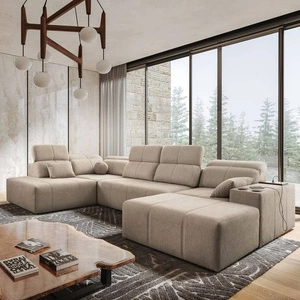 Narożnik z funkcją spania Tesalia VI beżowy prawostronny nowoczesny i komfortowy narożnik z funkcją przesuwanego oparcia