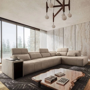 Narożnik z funkcją spania Tesalia XI beżowy prawostronny nowoczesny narożnik z komfortowym przesuwanym oparciem i pojemną szufladą