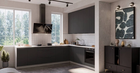 Zestaw mebli kuchennych narożny Alatri Wh 290x230 cm stylowe szafki kuchenne z frontami wykonanymi w technologii anti fingerprint