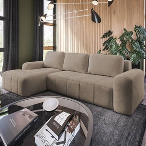 Narożnik z funkcją spania Bovec ciemny beżowy lewostronny stylowy narożnik rozkładany o ergonomicznym kształcie hydrofobowa tkanina