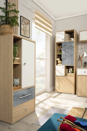 Regał niski Cary 60 cm dąb biszkoptowy / biały / beton idealny do pokoju młodzieżowego bardzo użytkowy posiada nowoczesny wygląd regał na książki z szufladami