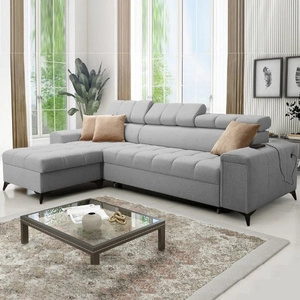 Narożnik z funkcją spania Bolmso szary lewostronny narożnik z dwoma pojemnikami na pościel praktyczna szuflada w boczku mebla