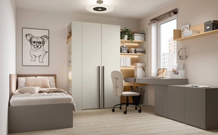 Zestaw mebli Woow clay grey / szampański / dąb vincenza bielona prawy stylowy zestaw mebli o nowoczesnym i praktycznym designie