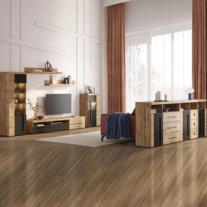 Zestaw mebli Roger dąb wotan / czarny gustowna stylistyka mebli wzbogacona o stylowe czarne dodatki idealna meblościanka do pokoju dziennego