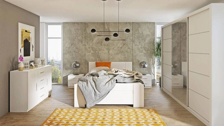 Szafa przesuwna z lustrem Rico 250 cm biała pojemna szafa do sypialni garderoby lub przedpokoju klasyczna forma o geometrycznych kształtach