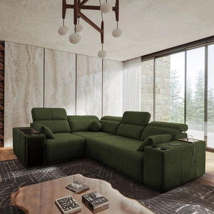 Narożnik z funkcją spania Tesalia II zielony lewostronny komfortowy narożnik do salonu z przesuwanym oparciem pojemnik na pościel
