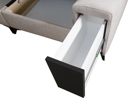 Narożnik z funkcją spania Bolmso III beżowy prawostronny narożnik z pojemnikami na pościel szuflada z pełnym wysuwem w boczku mebla