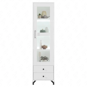 Witryna Skien 50 cm biała połysk elegancka stylistyka prosta forma mebla wzbogacona o stylowe metalowe elementy czarne nogi elementy z bezpiecznego szkła