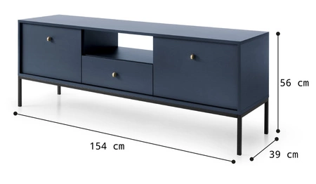 Szafka RTV Mono 154 cm granatowa minimalistyczny design prosta forma wzbogacona o metalowe elementy stylowy złoty uchwyt