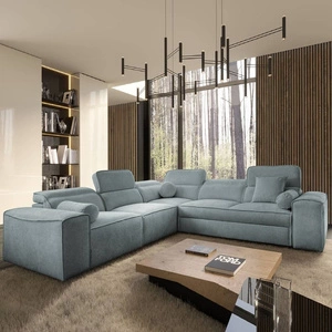 Narożnik z funkcją spania Viano III szary błękit lewostronny narożnik z pojemnikami na pościel doskonały do nowoczesnych wnętrz