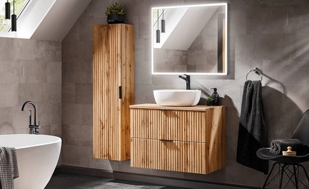 Szafka pod umywalkę Adeel 80 cm dąb wotan starannie wykonana szafka z szufladami odporna na działanie wilgoci ryflowane fronty