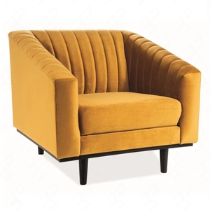 Fotel Asprey żółty funkcjonalny oraz nowoczesny fotel kubełkowy komfortowy podczas wypoczynku drewniane nogi delikatne przeszycie oparcia