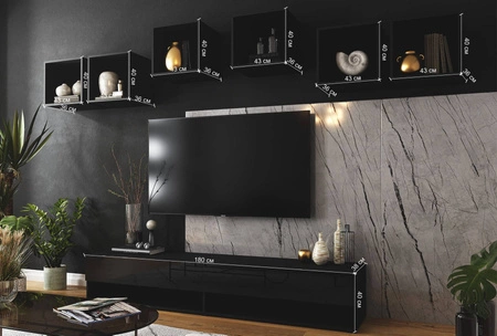 Meblościanka Lindos czarna / czarny połysk stylowy design meblościanki wpisujący się w każde wnętrze szafka RTV z możliwością powieszenia