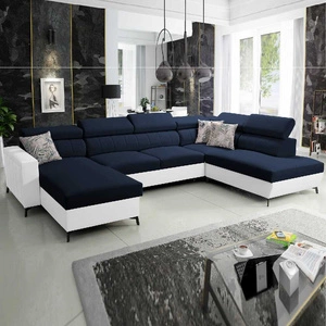 Narożnik z funkcją spania Savona VI granatowy / biały lewostronny elegancki i komfortowy narożnik do salonu dwa pojemniki na pościel