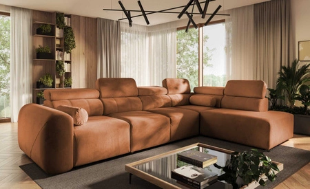 Narożnik z funkcją spania Cantare XI ceglasty prawostronny funkcjonalny i komfortowy narożnik o nowoczesnym designie pluszowa tkanina