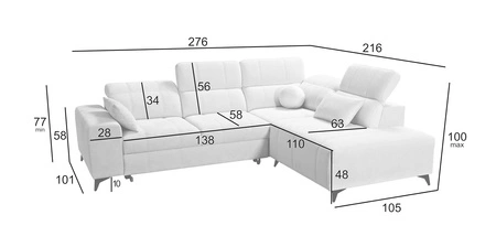 Narożnik z funkcją spania Penejos VII szary popiel prawostronny stylowy narożnik z pojemnikiem na pościel wygodne regulowane zagłówki
