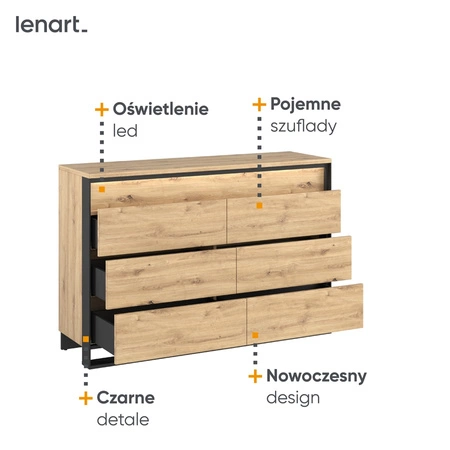 Komoda z szufladami Quant 133 cm dąb artisan / czarny nowoczesna komoda z oświetleniem LED idealna do sypialni w stylu loftowym