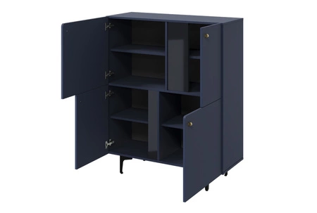 Komoda wysoka Colours 105 cm granatowa stylowa komoda o oryginalnym designie frezowane krawędzie frontów subtelny złoty uchwyt