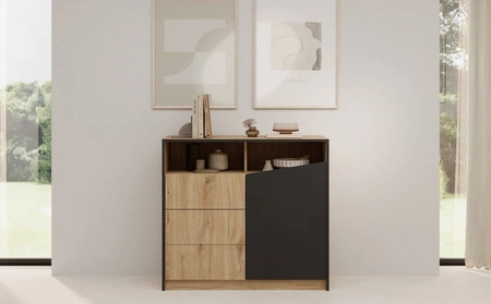 Komoda z szufladami Atson 100 cm dąb odwieczny / czarny prawa stylowy design komody ciekawy kształt frontu nadaje oryginalności