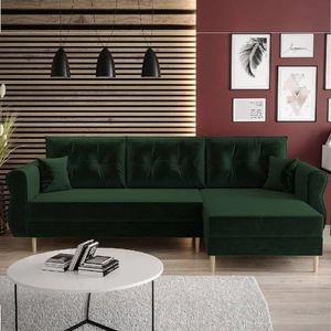 Narożnik z funkcją spania Wilkins butelkowa zieleń prawostronny stylowy i nowoczesny design wpisujący się w każdą aranżację