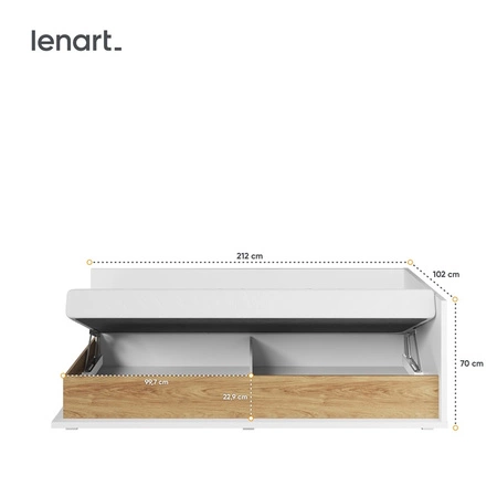 Łóżko Simi 90x200 cm biały / hikora naturalna prawostronne wygodne łóżko w stylu nowoczesnym tapczan z pojemnikiem na pościel