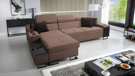 Narożnik z funkcją spania Alcamo jasny brąz lewostronny elegancki i stylowy narożnik z dostawką praktyczna szuflada w boczku mebla