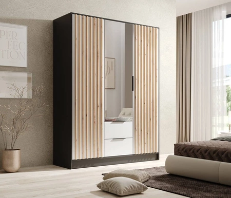 Szafa z lustrem Neri 150 cm czarny / biały stylowe lamele zdobiące drzwi szafy pojemne szuflady uchwyty krawędziowe