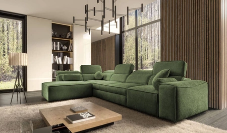 Narożnik z funkcją spania Viano XI zielony lewostronny modny i stylowy narożnik z regulowanymi zagłówkami ozdobne poduszki