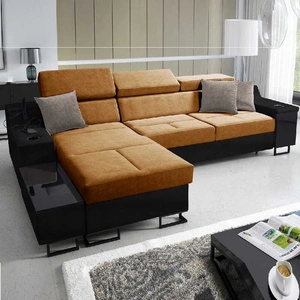 Narożnik z funkcją spania Alcamo miodowy / czarny lewostronny elegancki i stylowy narożnik z dostawką praktyczna szuflada w boczku mebla