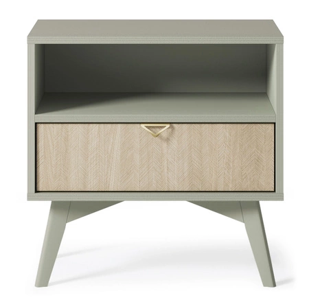 Szafka nocna Wald eukaliptus / beż jodełka z szufladą idealna szafka do sypialni gustowny dekor jodełki na froncie szuflady