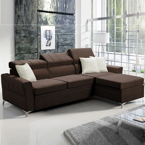 Narożnik z funkcją spania Rava brązowy prawostronny velvet komfortowy i funkcjonalny narożnik z regulowanymi zagłówkami