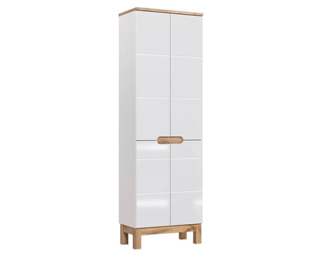 Słupek łazienkowy Bali 60 cm biały połysk / dąb wotan stylowa pojemna szafka do łazienki z frezowanymi uchwytami stabilna podstawa