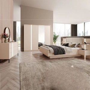 Zestaw mebli do sypialni Beloit beżowy nowoczesna forma oryginalne pionowe podświetlenie LED komplet mebli do sypialni