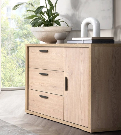 Komoda z szufladami Grand 118 cm dąb cremona elegancka i funkcjonalna komoda z zaoblonymi detalami idealna do salonu lub sypialni