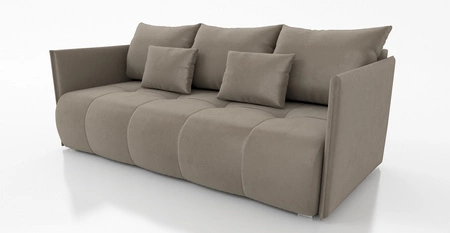Kanapa rozkładana Selva ciemny beż funkcjonalna sofa do salonu z pojemnikiem na pościel wykonana z tkaniny o pluszowej powierzchni