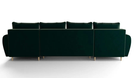 Narożnik z funkcją spania Rovigo U butelkowa zieleń elegancki i komfortowy narożnik w skandynawskiej formie duży pojemnik na pościel