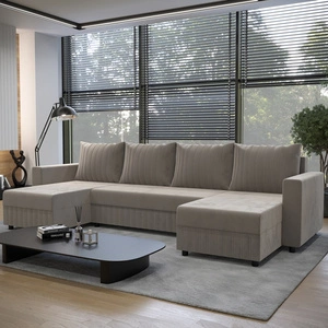 Narożnik z funkcją spania Pasco U beżowy klasyczny design gustowna bryła z gwarancją funkcjonalności i komfortu miękka tkanina