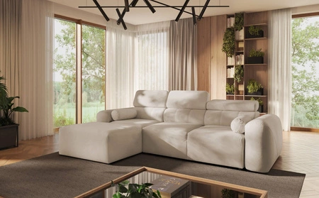 Narożnik z funkcją spania Cantare beżowy lewostronny funkcjonalny i komfortowy narożnik o nowoczesnym designie pluszowa tkanina