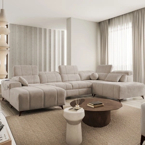 Narożnik z funkcją spania Penejos VI ciemny beżowy lewostronny narożnik rozkładany z dwoma pojemnikami na pościel trwała tkanina