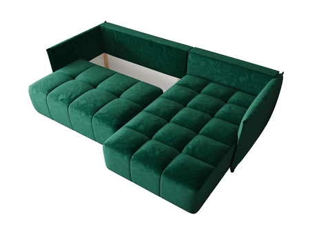 Narożnik z funkcją spania Oroso butelkowa zieleń prawostronny miękka tkanina typu velvet z powłoką hydrofobową pojemnik na pościel