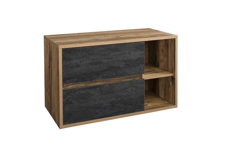 Zestaw mebli łazienkowych Hampton dąb huton / ciemny beton stylowe szafki łazienkowe o prostej formie podkreślone kontrastową kolorystyką