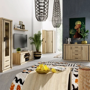 Zestaw mebli do salonu Dallas dąb sonoma / czarny elegancka stylistyka mebli wzbogacona o stylowe czarne dodatki