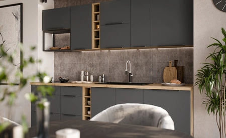 Zestaw mebli kuchennych Aversa Ar 255 cm stylowe szafki kuchenne z frontami wykonanymi w technologii anti fingerprint metalowe uchwyty