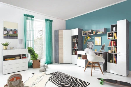 Komoda z szufladami Epsilon 85 cm beton / biała / dąb idealna do pokoju młodzieżowego funkcjonalna i pojemna